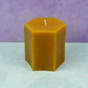 Hexagon Pillar 3.5" natural beeswax candle top and side view