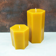 Hexagon Pillars 3.5" and 6" natural beeswax candle top and side view