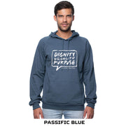 Model wearing Hoodie Pacific Blue Dignity, Equality, Purpose front