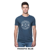 Model wearing T-shirt Pacific Blue CV Round Emblem front