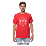 Model wearing T-shirt Cherry Red CV Round Emblem front