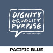 Hoodie Pacific Blue Dignity, Equality, Purpose logo and color example