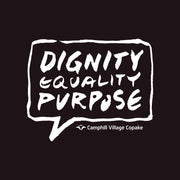 T-shirt Black Dignity, Equality, Purpose  logo closeup